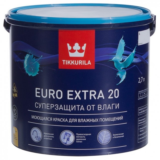 Краска для влажных помещений Tikkurila Euro Extra 20 А полуматовая 2.7 л