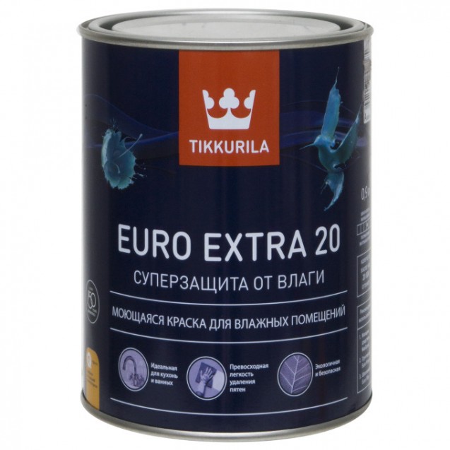Краска для влажных помещений Tikkurila Euro Extra 20 С полуматовая 0.9 л