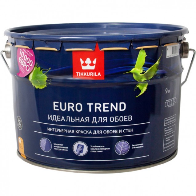 Краска для обоев и стен Tikkurila Euro Trend A матовая 9 л